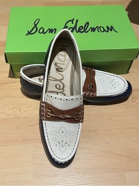 Sam Edelman White, Brown & Navy Leather Bit Loafers